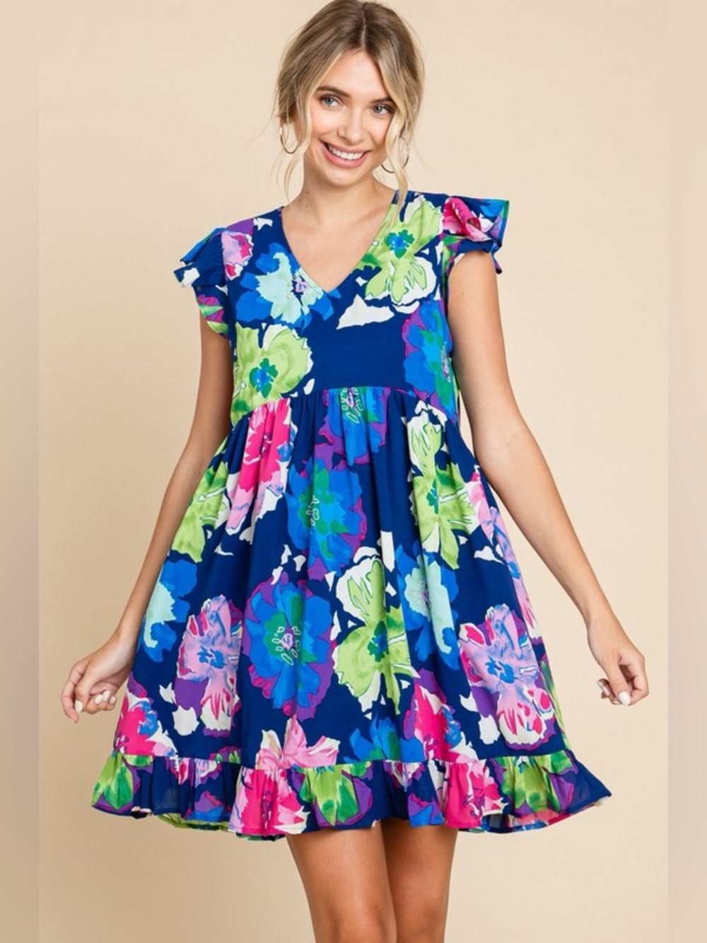 JODIFL Navy Blue Floral Babydoll Mini Dress V-Neck Flutter Sleeve Ruffle Size M
